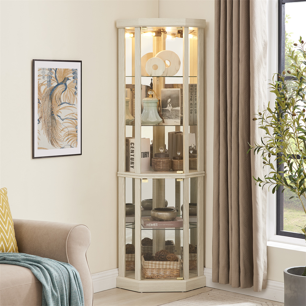 Lighted Corner Curio Cabinet, Glass Display Case for Antique Collections and Wine, Bar Storage Cabinet with Built-in Lighting and Adjustable Shelves for Living Room, White